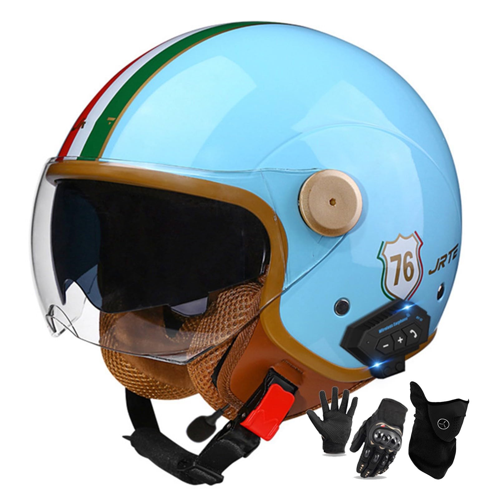 Medio Casco De Moto Abierto con Bluetooth Integrado,ECE Homologado Casco Moto Jet Scooter con Un Micrófono Incorporado Y Doble Visera,para Mujer Hombre Adultos M,XL=61-62cm