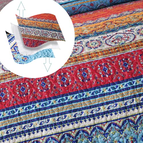 Qucover Quilt Throw Blanket - Lightweight Microfiber Red, Orange And Blue Striped Floral Boho Quilts, Reversible Bohemian Quilt Bed Spread For Twin Bed And Couch, 59” X 79” #TOP2