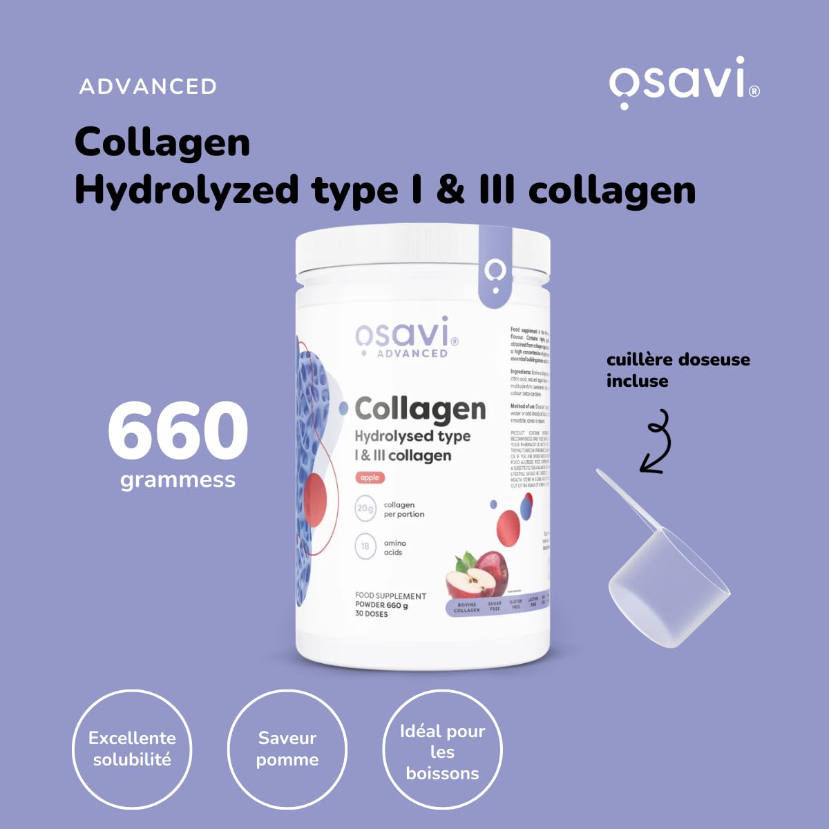 Osavi Collagène Hydrolysé Type I & III – 660 g Poudre | Saveur pomme | 20 g de peptides par portion | 18 acides aminés dont glycine & proline | Soutient muscles & os | Se dissout facilement