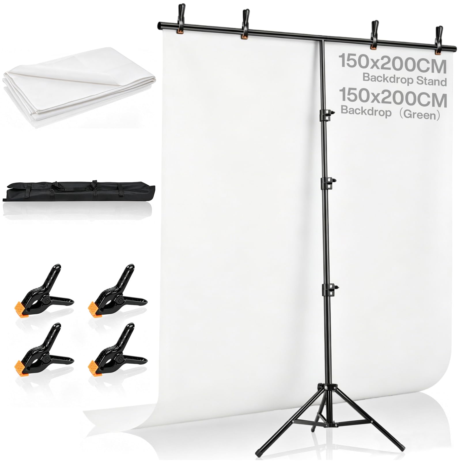1,5 x 2 m kit di supporto regolabile per fondale, con supporto portatile a forma di T, bianco | Supporto per fondale con fondali bianchi e 4 morsetti, borsa portatile, per studio fotografico, feste, matrimoni, decorazioni
