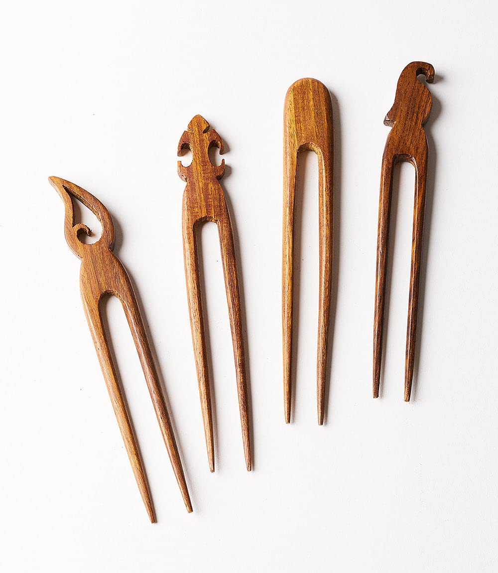 Matr Boomie Handcrafted Set of 4 Boho Indian Tribal Design Rosewood Hairpins for Women, Hair Fork/Hair Sticks/Hair Pins for Long Hair Buns, Hand Polished, Smooth, Sturdy, 5.5