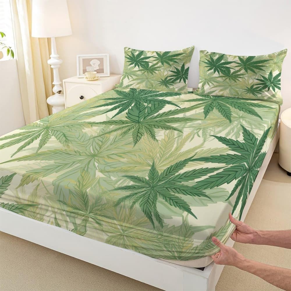 Drap-Housse en Microfibre Brossée 200x200 cm avec Grand Bonnet 30cm, Plantes Feuilles de Cannabis Feuilles Nature Drap Housse en Doux, Anti Plis pour 2 Personnes Lit, Respirant Hypoallergénique, Vert