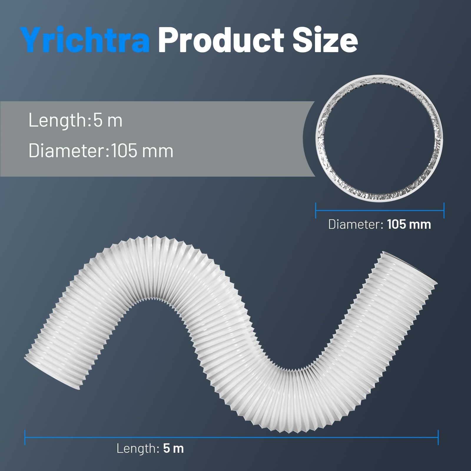 Wąż Wylotowy 100mm, 5m 5-Warstwowa Elastyczna PVC Rura Alu, Wąż Wentylacyjny z Tłumieniem Hałasu, Rura Wylotowa do Klimatyzacji, Suszarki, Wentylatora Wylotowego, Okapów