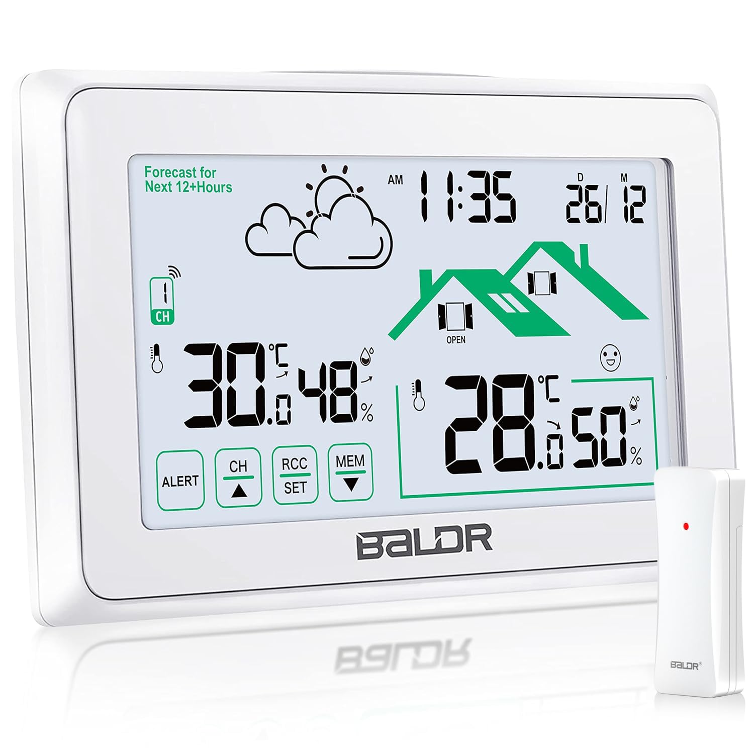 BALDR Drahtlose Wetterstation für drinnen und draußen, DCF-Digitaluhr, Innenthermometer mit Belüftungsanzeige, Wettervorhersage und Hintergrundbeleuchtung
