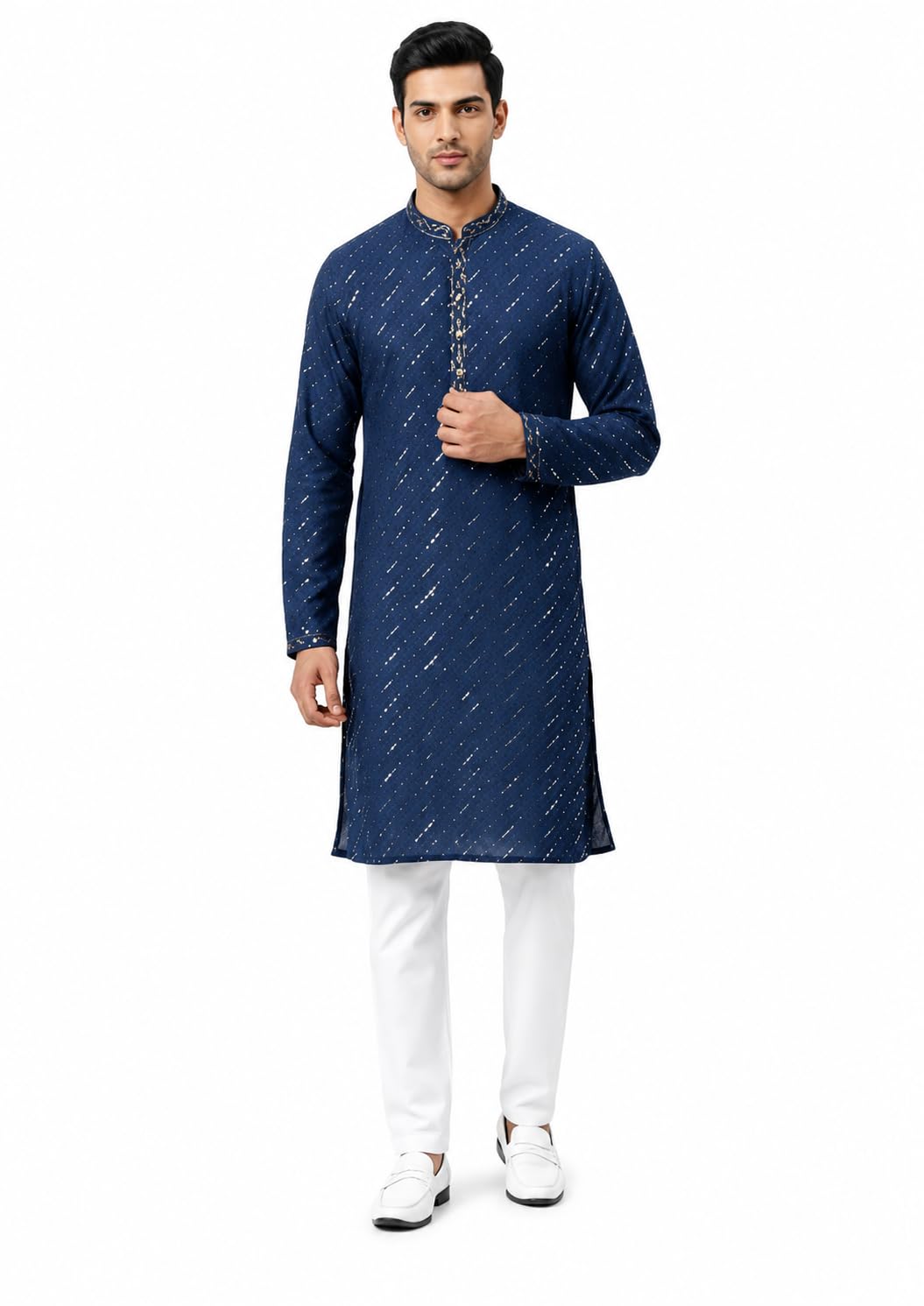 Men's Navy Blue Printed Kurta with pajam set Embroidered Placket (S)-image-22