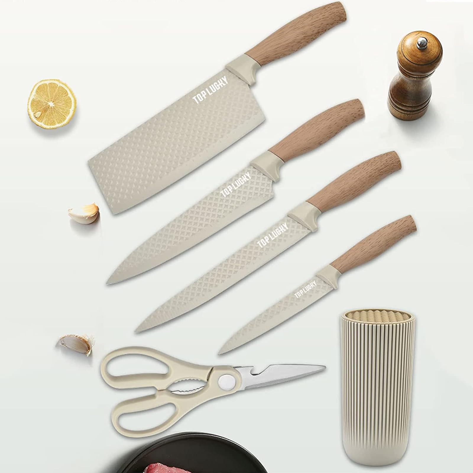 JUSTUP Ensemble de couteaux 6 pièces - Bloc de couteaux de cuisine en acier inoxydable anti-adhésif de couleur kaki - Ensemble de couteaux de chef universel adapté pour la maison, le restaurant et le