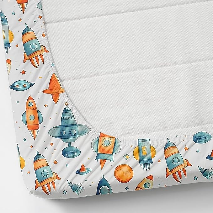 Image of RD FABS Glace Cotton Wrinkle Free Soft Hypoallergenic Elastic Fitted Cartoon Printed Bedsheets for Kids with 2 Pillow(Size,78 x 72 Inches(Fits up to 8 Inch),White Rocket),Double Bed,300 TC