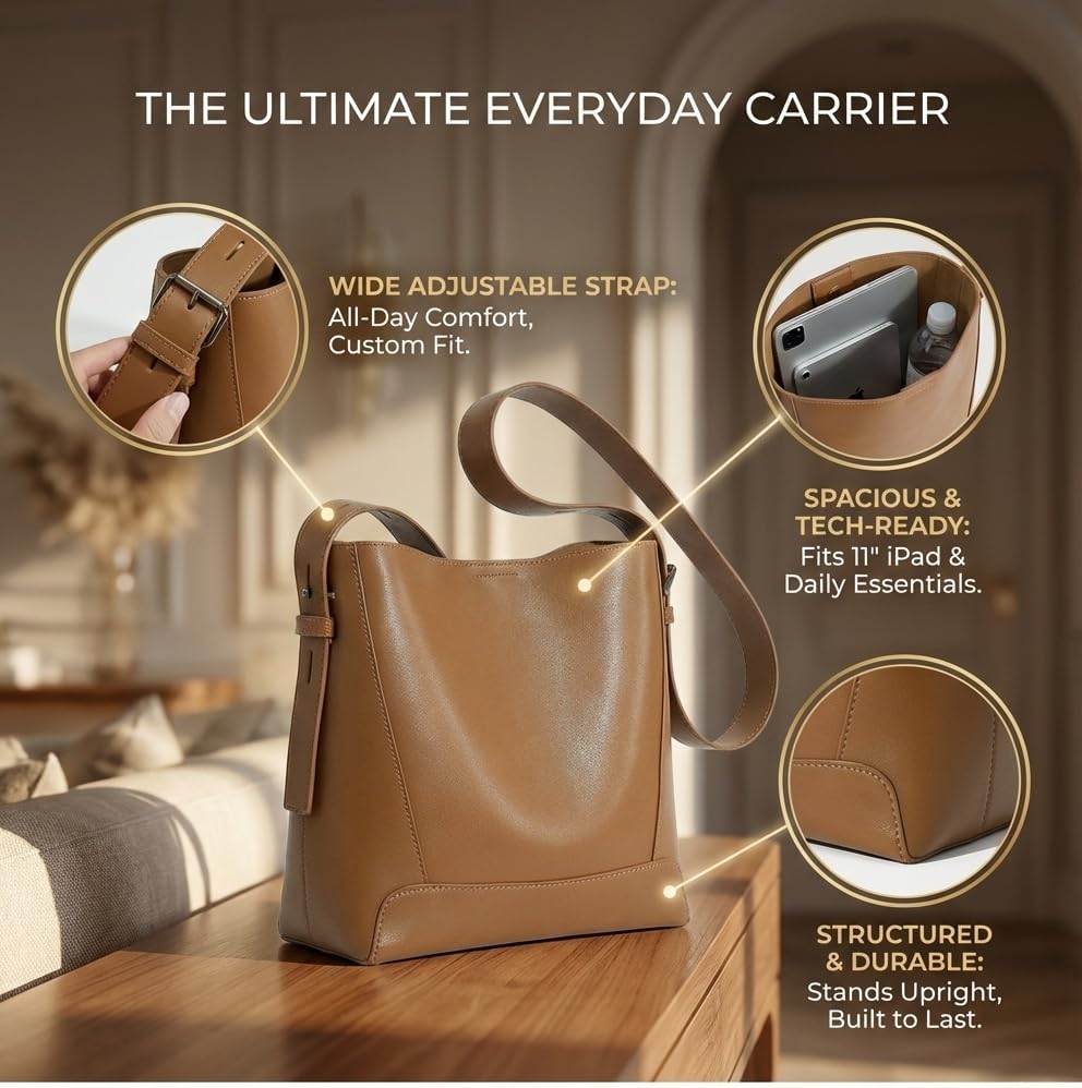 Genuine Leather Bucket Bag for Women, Large Crossbody Shoulder Purse with Wide Adjustable Strap, Minimalist Hobo Handbag - Image 4