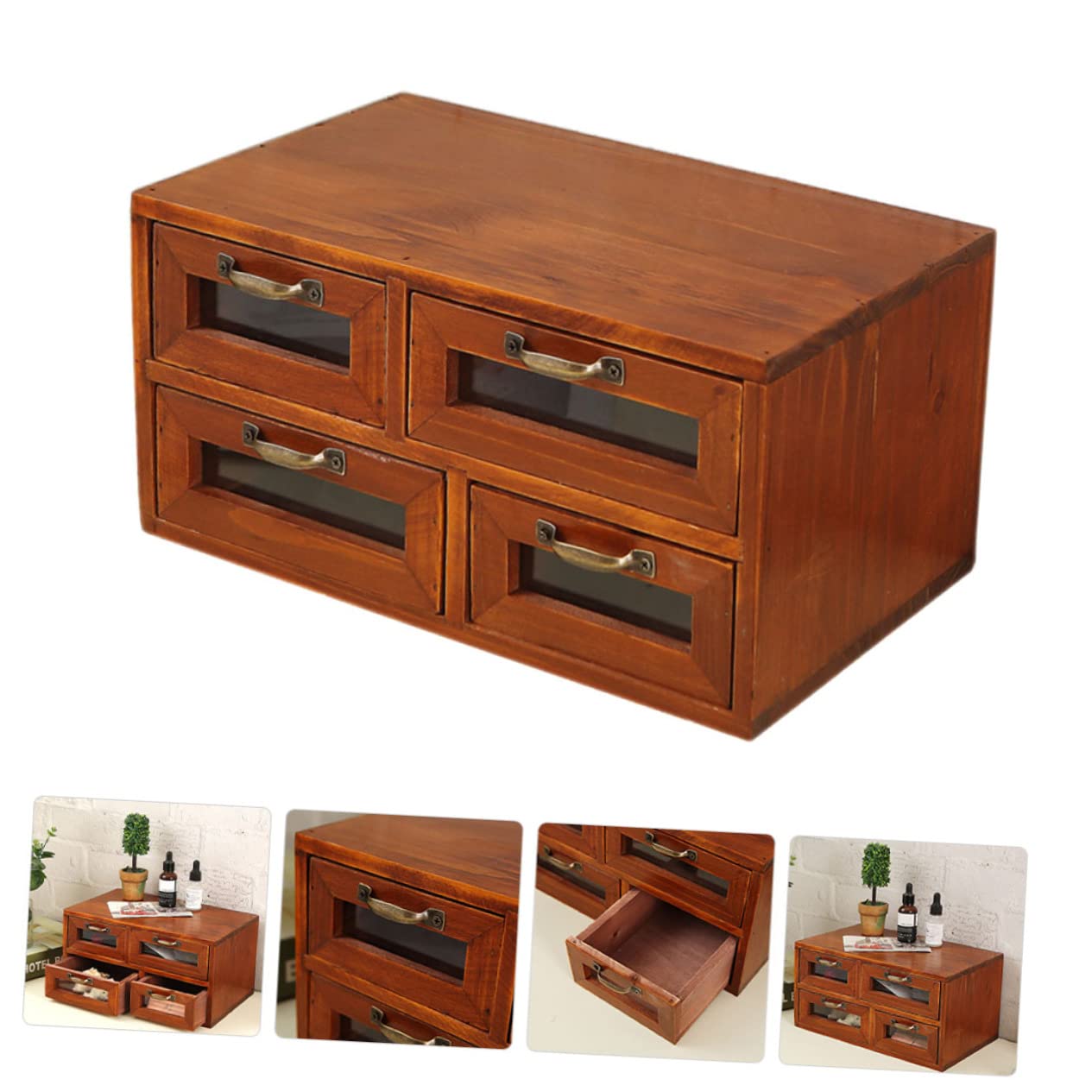 NUOBESTY Organizador de Madera con Cajones Dobles y 4 Compartimentos, Caja de Almacenamiento Versátil para Oficina y Escritorio, Diseño Cerrado Fácil de Usar