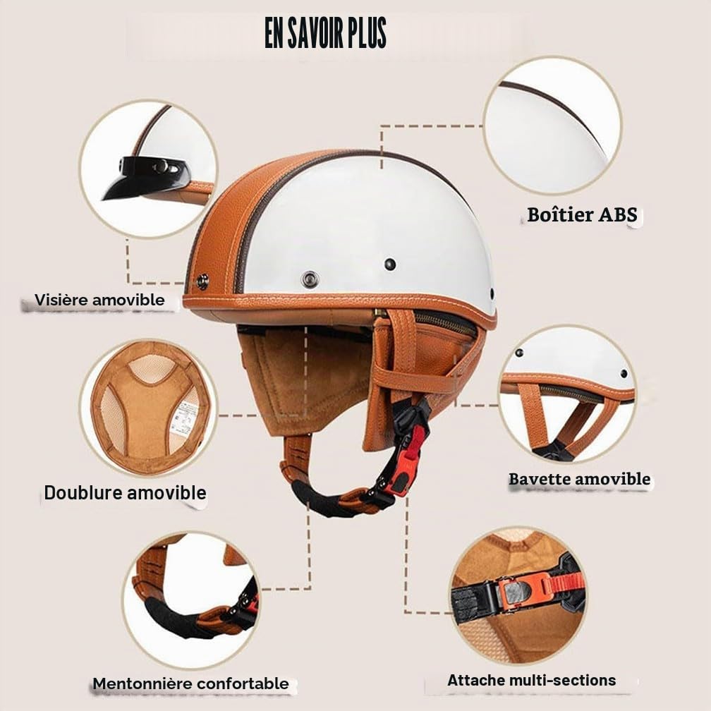 Demi Casque De Moto avec Lunettes Léger Casque Jet Rétro, Demi-Casque Moto Cuir Vintage Homologué ECE, Boucle à Dégagement Rapide Réglable Casque Ouvert pour Scooter Vélo Cruiser
