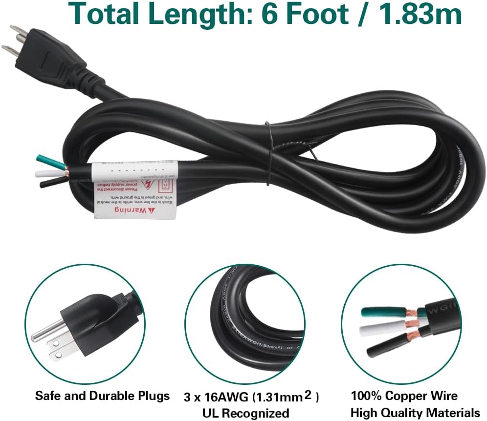 6 ft 3 Prong Power Cord Replacement, 16 AWG Appliance Power Cord, 110V 120 Volt AC 16/3 Wire SJT 16 Gauge Plug Pigtail Cable, Repairing Replace Tool Dryer Dishwasher Electrical Cord - Black