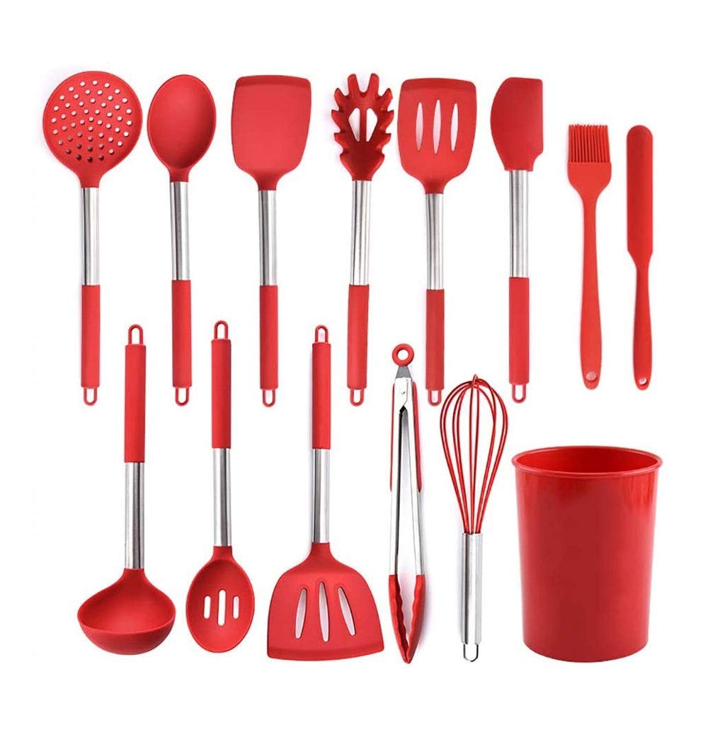 Conjunto de Utensilios de Cocina - 13 PCS Utensilios de Cocina Antiadherente de Silicona - Utensilios de Cocina con espátula - Gadgets de Cocina Set de Utensilios de Cocina - Rojo Negro