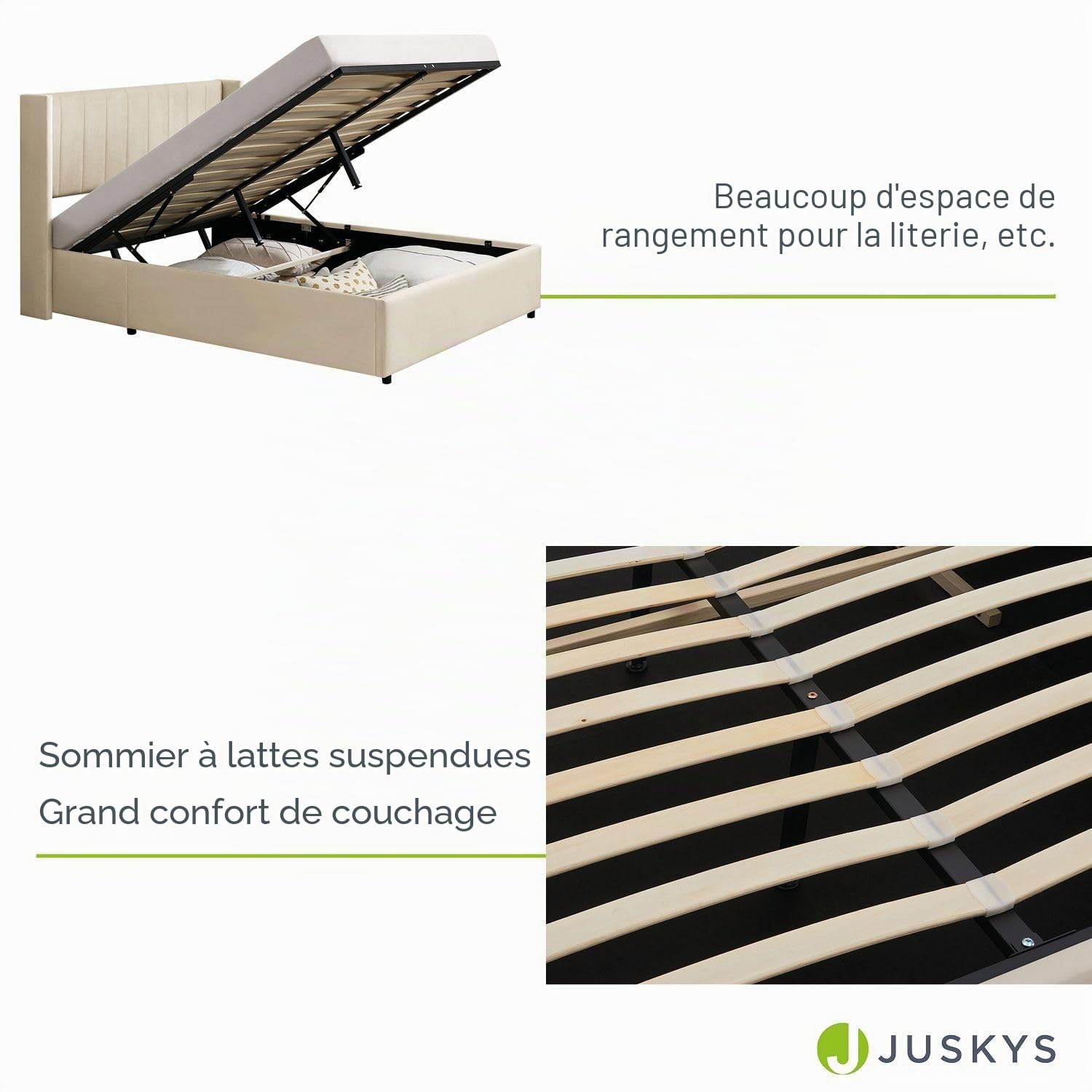 Juskys Lit rembourré Savona 120x200 cm avec Coffre, sommier à Lattes, Housse en Velours, Cadre de lit en Bois, jusqu'à 250 kg, Grande tête de lit, Beige