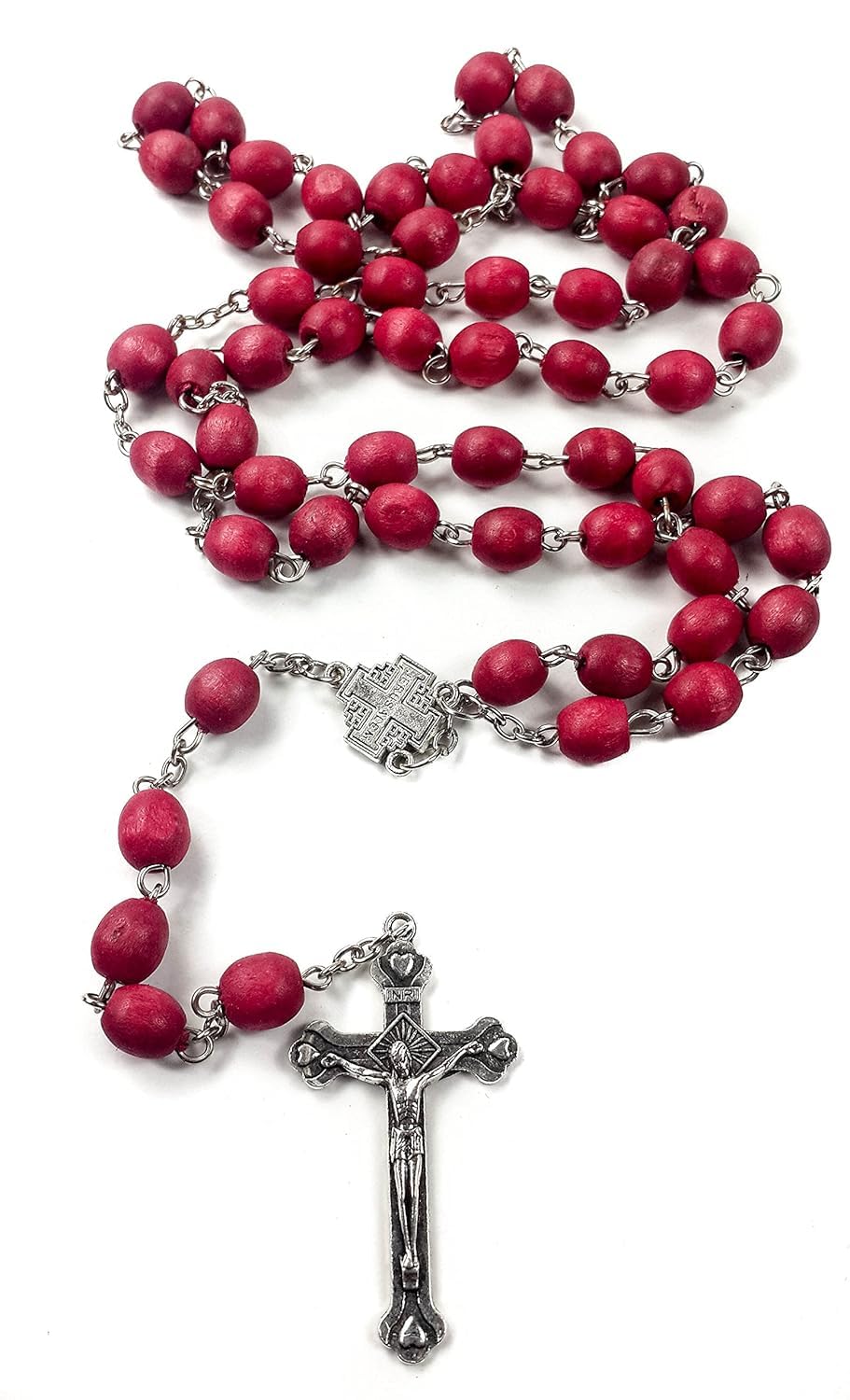 Red Wood Rosary Beads with Jerusalem Cross Center, Silver Crucifix, Catholic Prayer Beads, 55cm Length-image-38