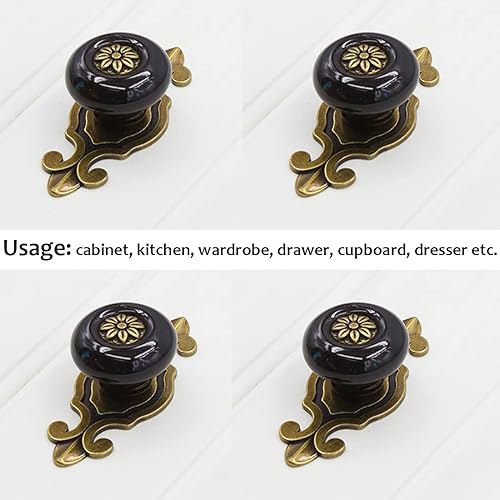 Miniatura 5 de Tverghvad Pomos de cerámica para gabinete, 4 unidades Perillas vintage elegantes para cajones de vestir con placa trasera de bronce, manijas
