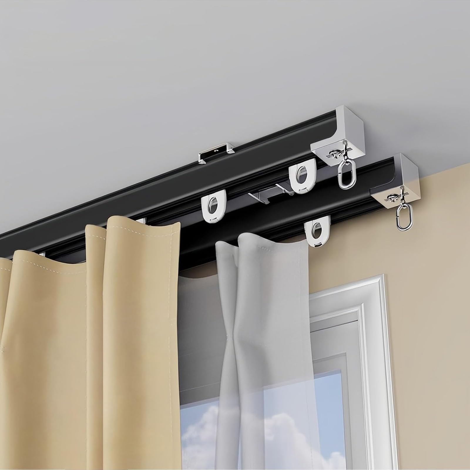 Barre de douche double noire anti-bruit de 350 cm pour éliminer les blocages de rideaux