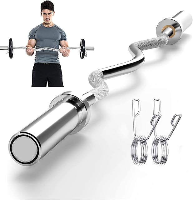 tonchean 47Inch Barbell Olympic EZ Curl Bar Weighted Fitness Exercise Lifting Bar with Two Spring Collars Strength Training Equipment Home Gym