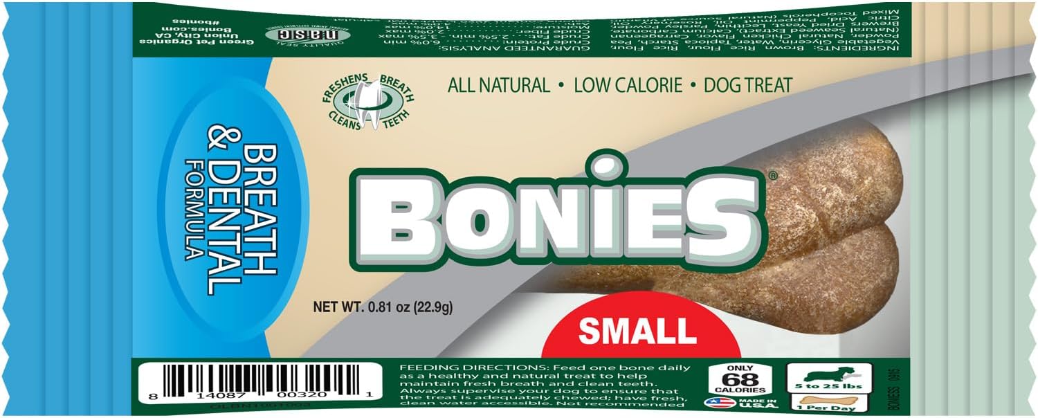 Bonies Natural Breath and Dental Formula Small-Sized Single Bone - All-Natural Ingredients, Fresh Breath, Cleans Teeth, Low Calories, Chicken Flavor, 1 Bone