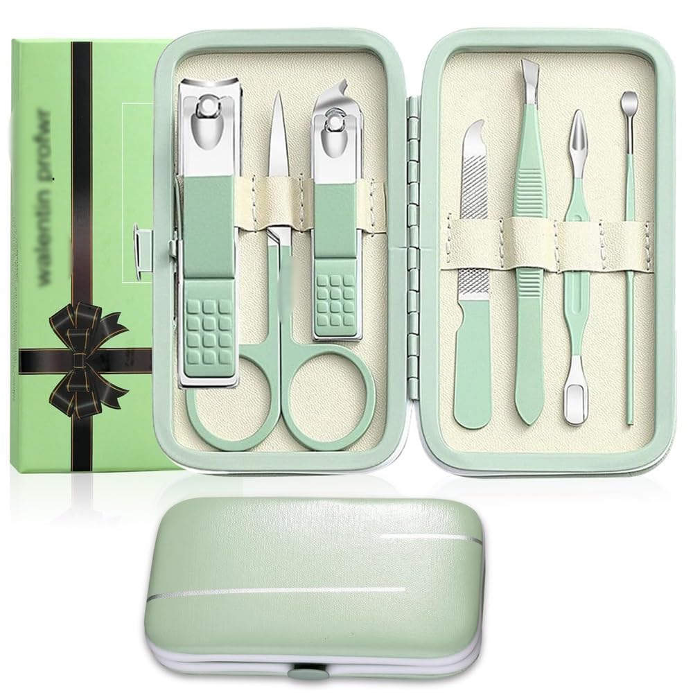 Nagelknipser, Körperpflege-Nagelknipser-Set, Maniküre- und Pediküre-Werkzeuge for Männer und Frauen, Pflegeset mit Reiseetui, Strumpffüller for Familie und Freunde (7-teilig) Nagelset(Green)