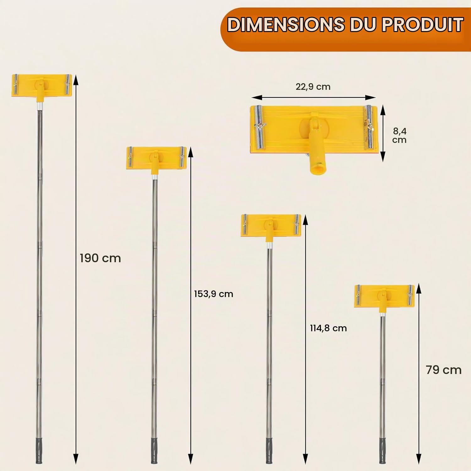 Ponceuse à perche pour cloison sèche, ponceuse murale sèche de 190 cm avec tige d'extension et 5 pièces de papier abrasif à 360 degrés pour sols, murs, plafonds