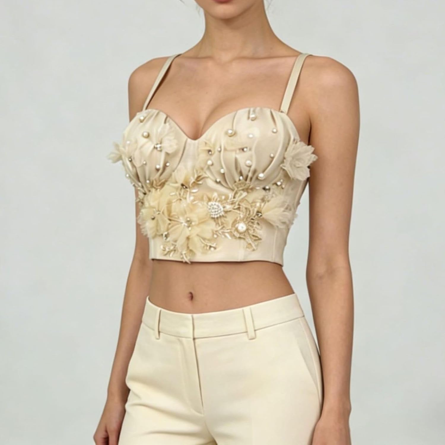Women Bustier Corset Tops 3D Floral Handmade Pearl Rhinestone Push Up Spaghetti Strap Going Out Party Club Top