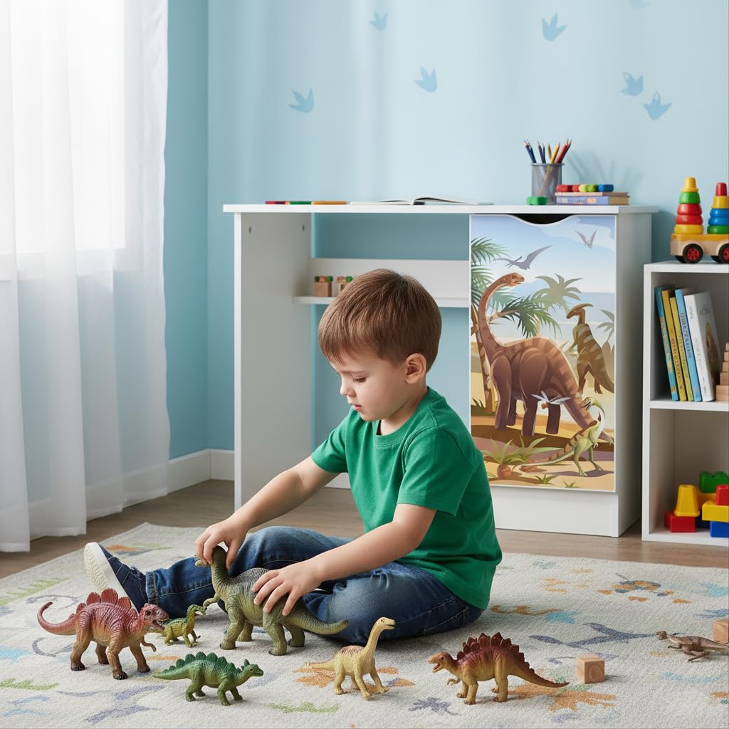 Leomark Confortable Bureau pour Enfants avec étagère - Roma - Blanc Meuble pour Chambre d'enfant, Equipement de Salle, Style scandinave, Hauteur: 77 cm (Dino)