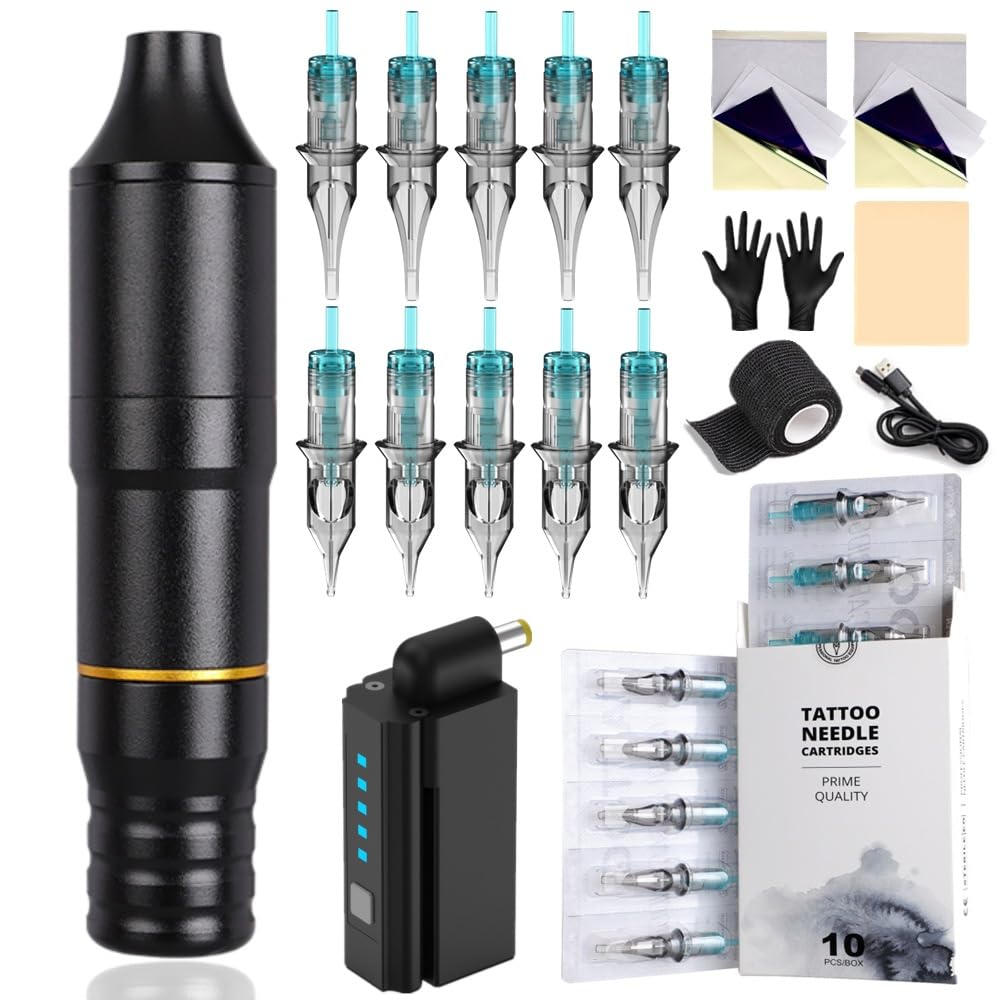 Kit penna rotativa per tatuaggio wireless - Set macchinetta per tatuaggi con alimentatore da 1500 mAh, 5 livelli di tensione regolabili, 10 aghi per cartuccia