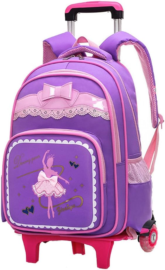 Fanci Bow-knot Dancing Girl Waterproof Elementary Trolley Rolling School Backpack Book Bag for Primary Girls Wheeled Backpack Carry On Luggage with Two Wheels