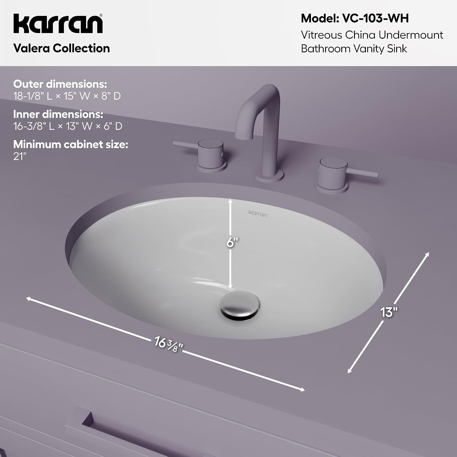 Karran Valera VC-103 Undermount Oval Bathroom Sink – Deep 6" Bowl, 16-3/8" x 13" Inner Size, Vitreous China Vanity Sink in White