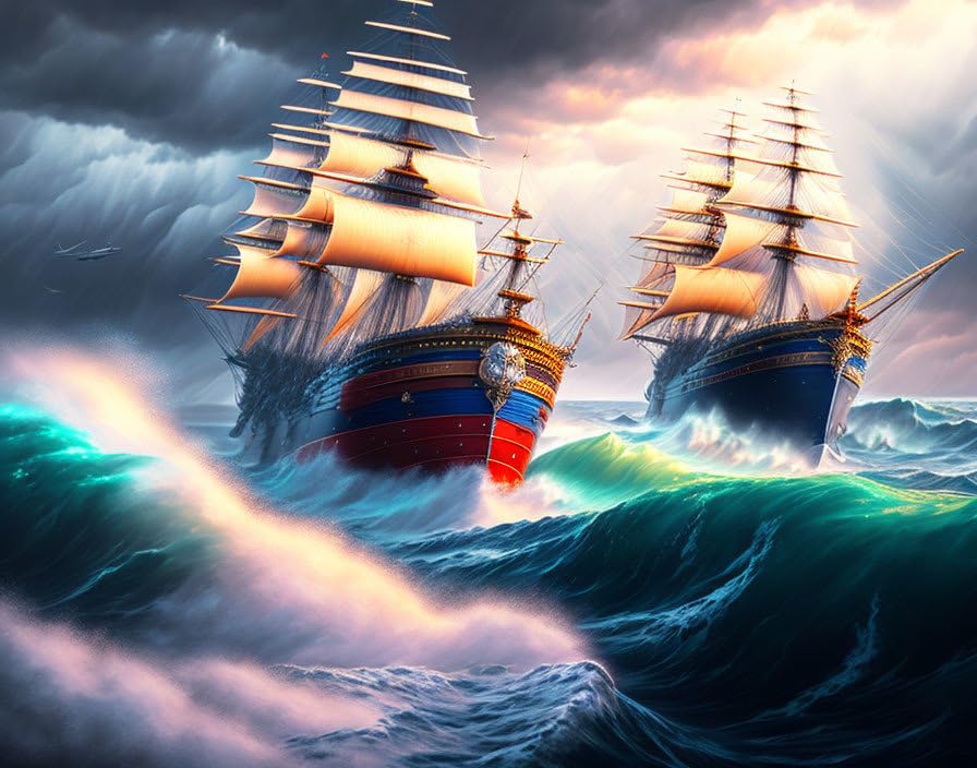 Poster mer orageuse et navires sur toile pour décorer un salon moderne
