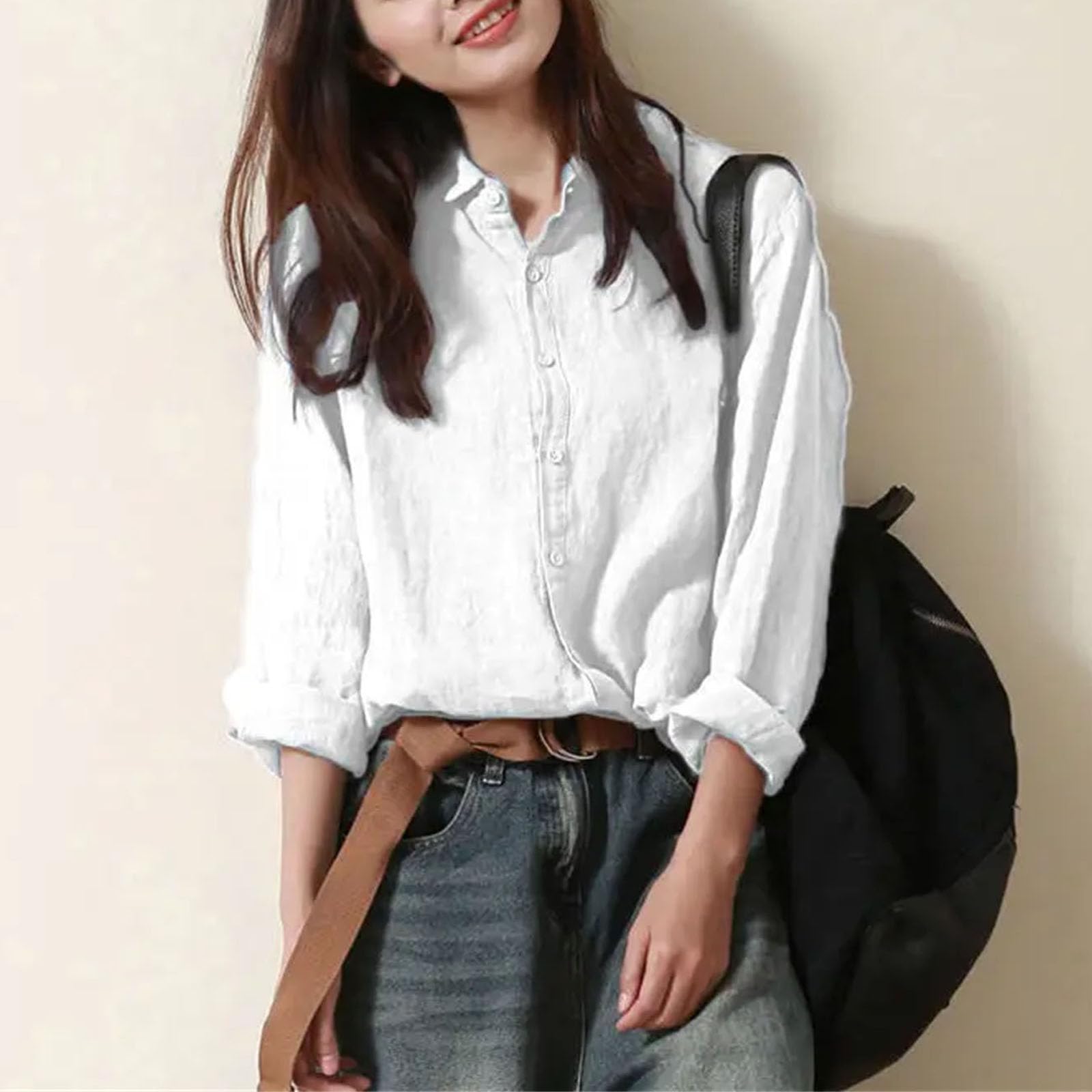 Blusas de manga larga de lino y algodón para mujer, estilo retro, con cuello abatible, informal, de manga larga