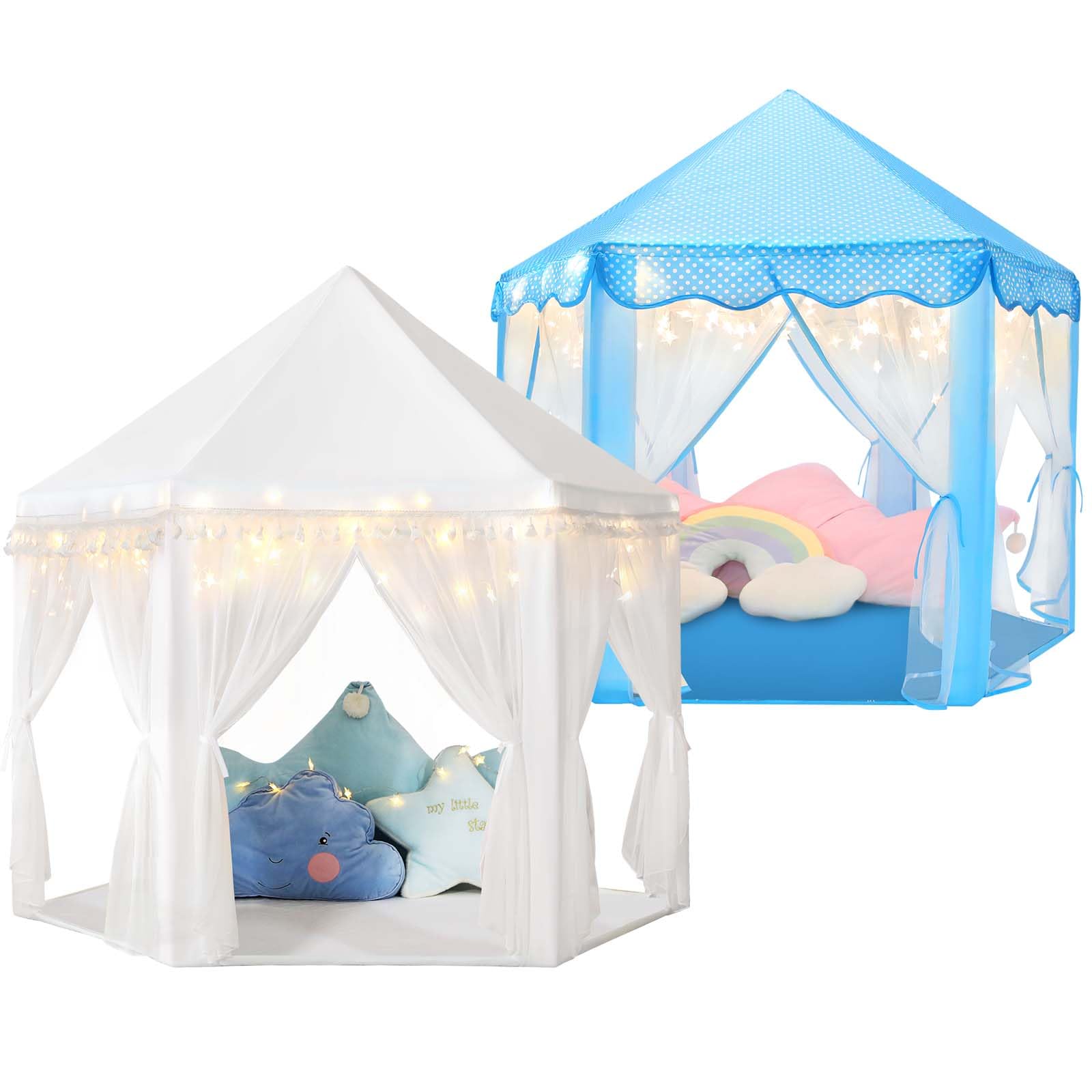 Save 24% Monobeach White Princess Tent & Blue Princess Tent Girls Large Playhouse Kids Castle Play Tent with Star Lights