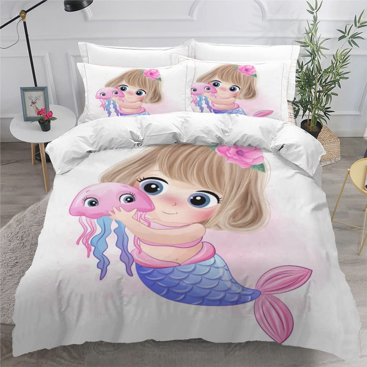 Housse de couette 240x260 sirène et literie microfibre motif méduse dessin animé fille