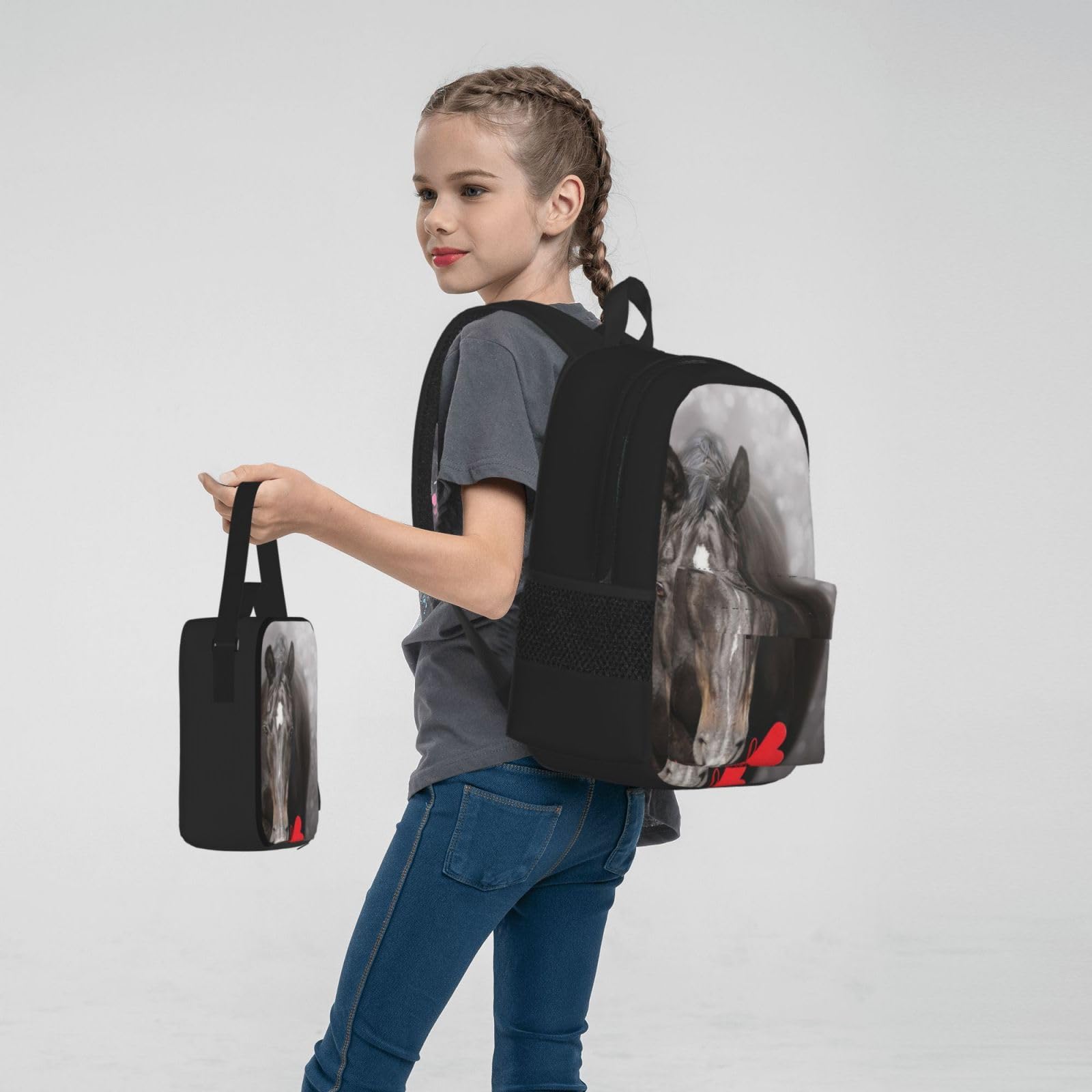 YSOLDA Juego de mochila, mochila escolar, mochila, juego de 3 piezas con bolsa de almuerzo, estuche para lápices,Caballo negro con corazón