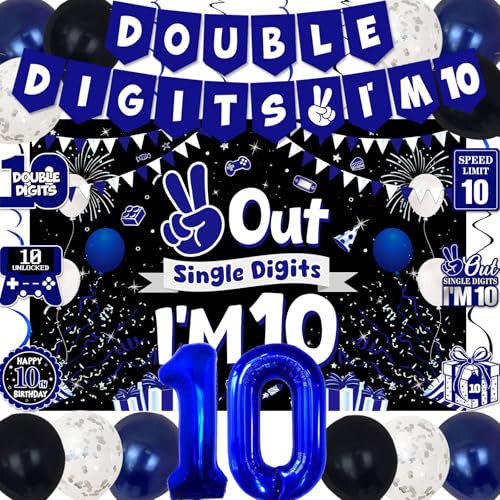 10th Birthday Decorations for Boys Girls Blue Black Out Single Digits Im 10 Birthday Party Decorations Double Digits Im 10 Banner Foil Balloons 10 Banner Balloons Hanging Swirl Birthday Card