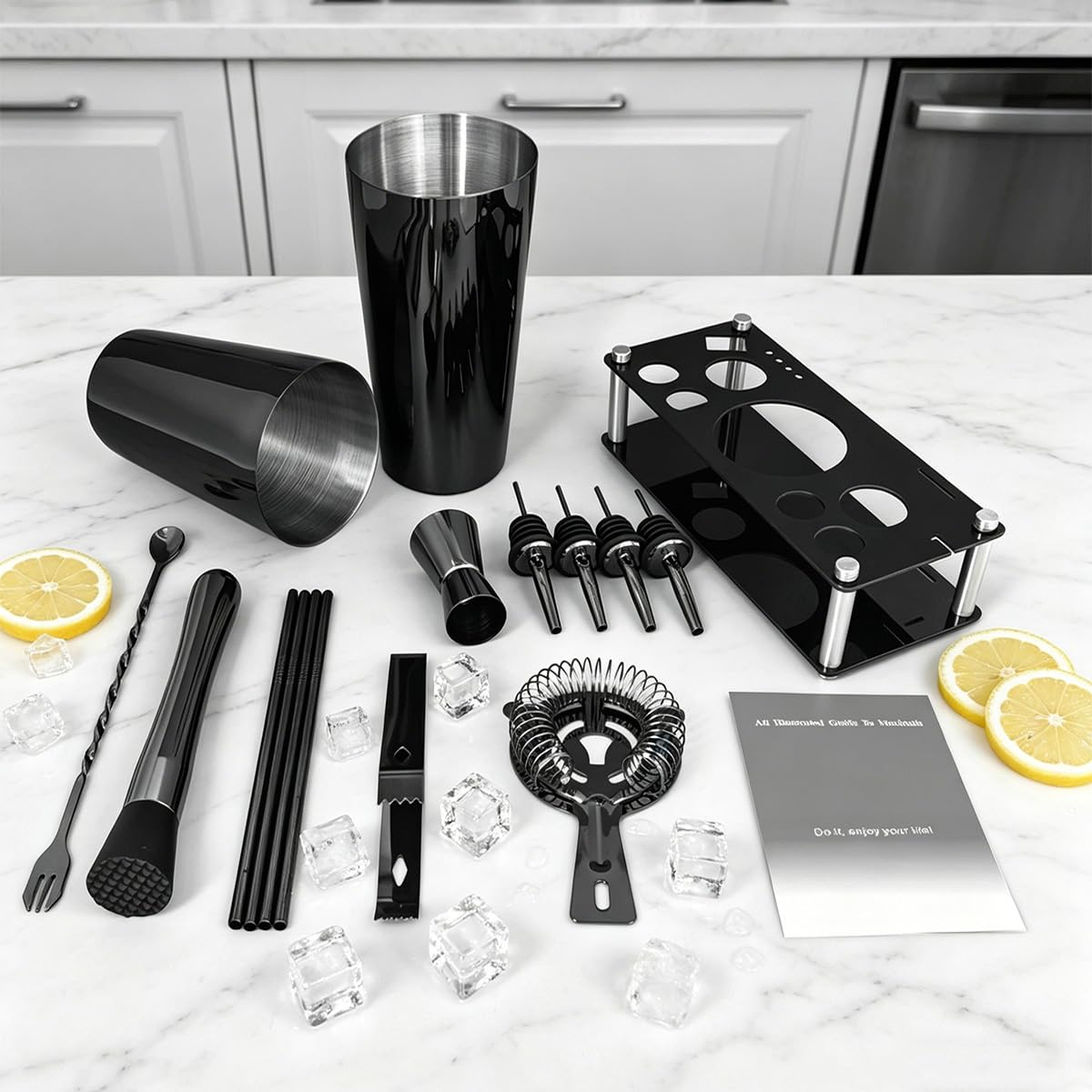Set professionale per cocktail con supporto per ricette per cocktail, 15 pezzi, 750/600 ml, kit da barista, set da barista, set di strumenti da bar Boston da 25/20 once, jigger, pestello (nero)