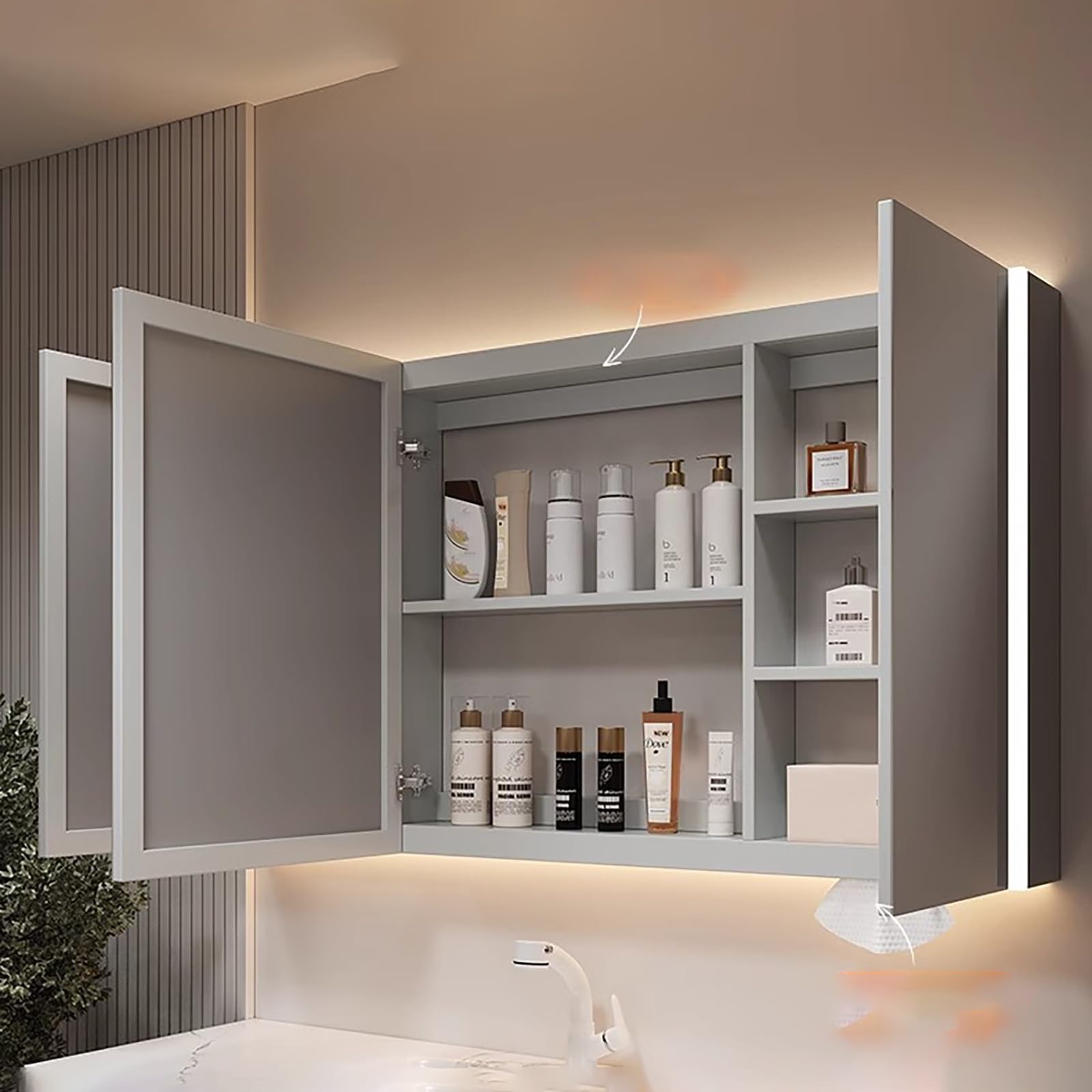 Specchio Da Bagno Con Luce LED, Mobile Bagno Con HD Specchio, Armadietto Da Parete In Alluminio Con Contenitore, Contenitore In Legno Massello(70CM/27.5IN)