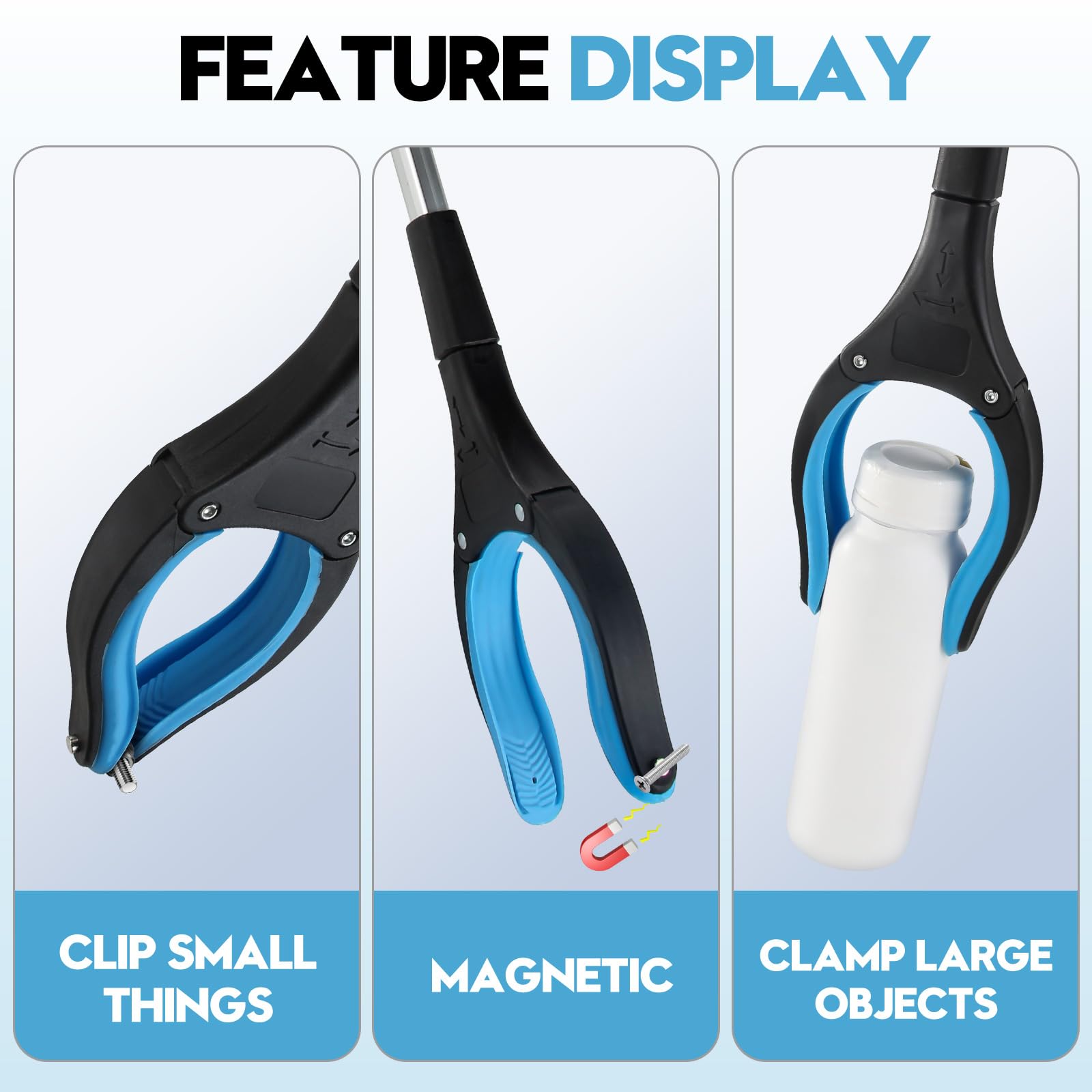 91cm Pinza telescopica, Strumento per la Raccolta di Rifiuti Pieghevole in Alluminio con Punta Magnetica, Morsetto in Gomma e Testa Rotante 360°, Presa Robusta (Blu)