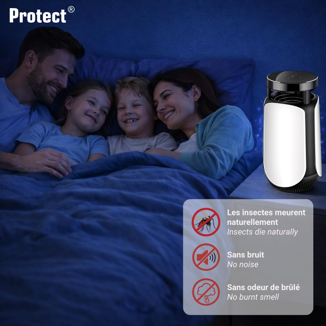 Protect® - Trappola antizanzare a aspirazione con lampada UV LED 365 nm, sterminatore di insetti silenziosi, copertura 30 m², timer 4/6/12h, USB-C (2 esche incluse)