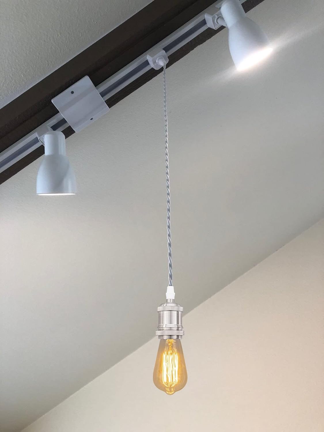 Set of Three Bright Nickel E26/E27 Aluminum Base J Connection Mini Tracking Light Retro Classic Design 1.96 Ft Twisted Cord Pendant Light for Loft Bedroom Farmhouse(No Bulb No Track)