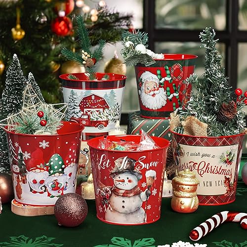 Putuo Decor Christmas Theme Metal Buckets, 5 Pieces Christmas Decorations Round Ice Buckets, Galvanized Small Bucket Pails for Party Home Table Centerpieces Storage Decor - Thumbnail 7