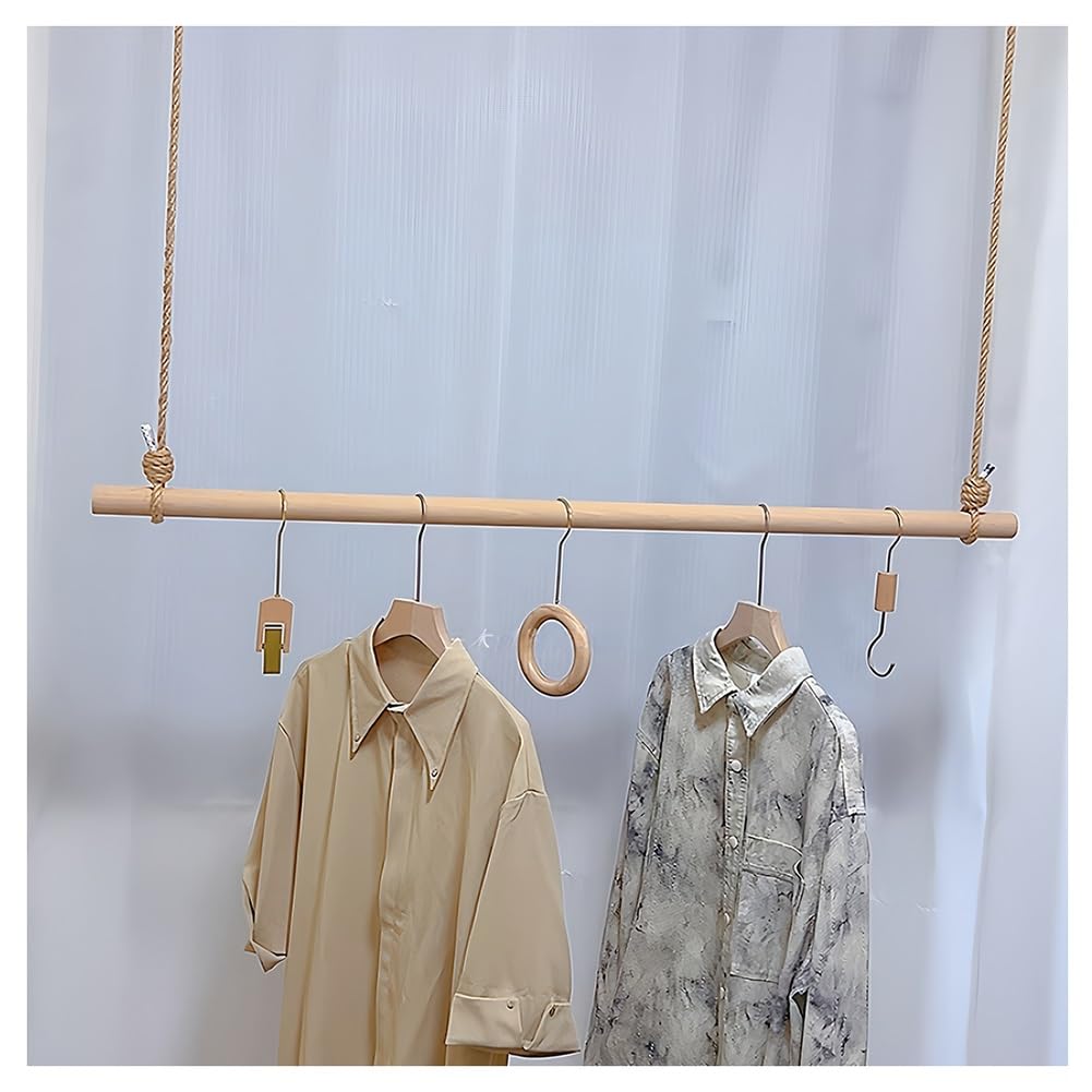 DETMOL Height-adjustable clothes rail made of solid wood with rope, ideal for retail stores, commercial clothes hanging for presentation.