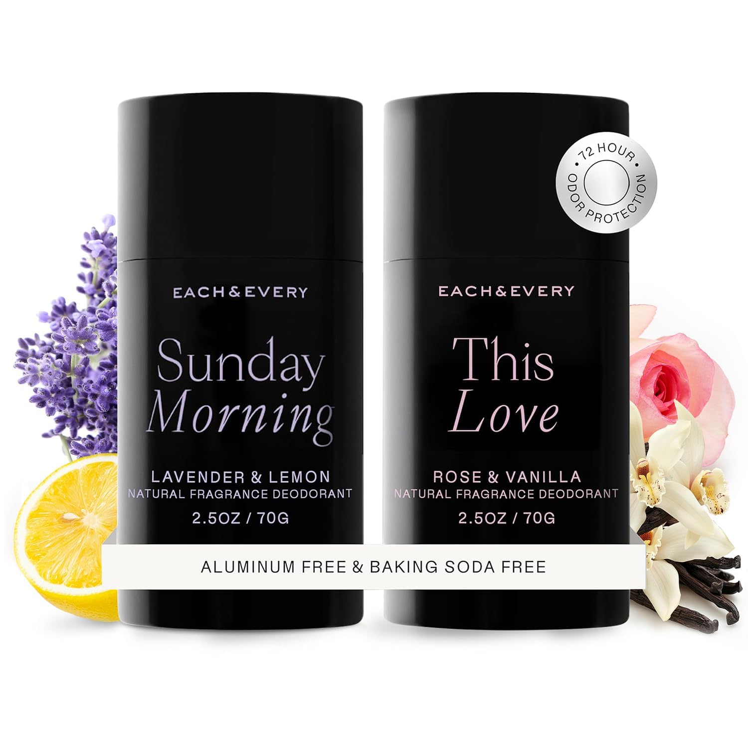 Each & Every Natural Deodorant for Men & Women - Aluminum- Free, Sensitive Skin, Plant-Based, Baking Soda-Free, 24 Hr Odor Control - Lavender & Lemon + Rose & Vanilla Travel Size Multipack, 2.5oz