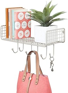 mDesign porte-courrier avec panier pour couloir et cuisine – porte-clés mural compacte avec un compartiment pour le courrier et six crochets – range-clefs en métal – argenté mat