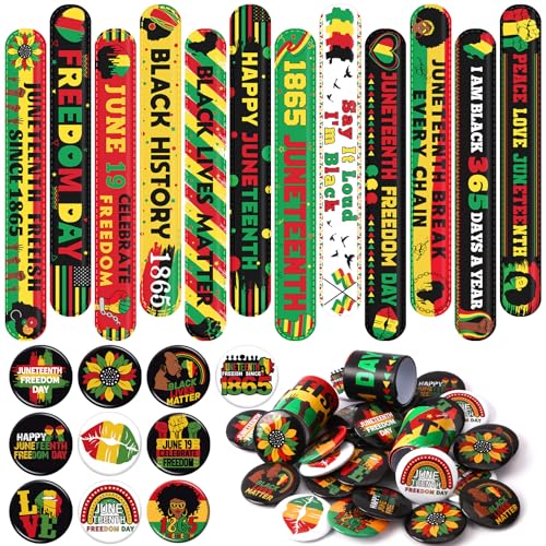 JUNEBRUSHS 50Pcs Happy Juneteenth Party Favors, Slap Bracelets and Badge Pins Bulk for Kids Adult Gifts Accessories Wristbands Buttons for Juneteenth Party Supplies Decoration