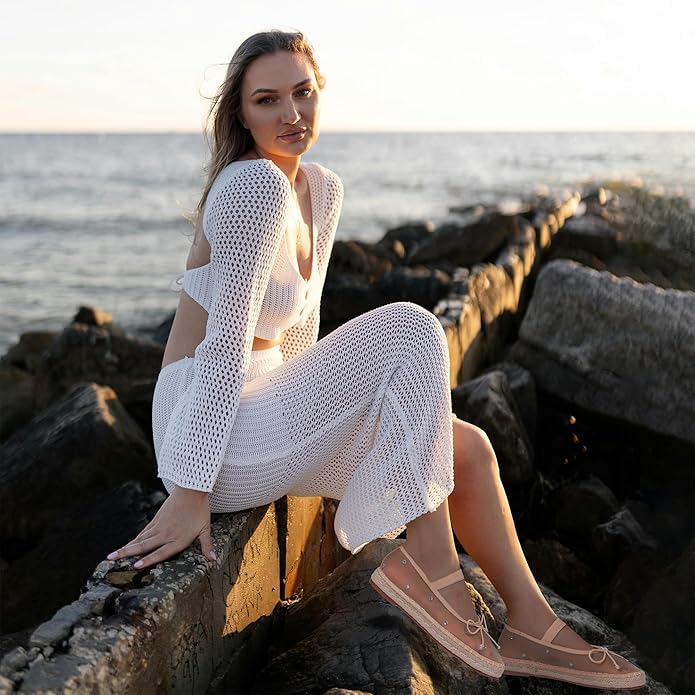 Image of AMINUGAL Raffia Ballet Flats Shoes for Women Dressy Comfortable Woven Straw Women's Flat with Elastic Strap Mesh Bows Raffia Mary Janes Ballerina
