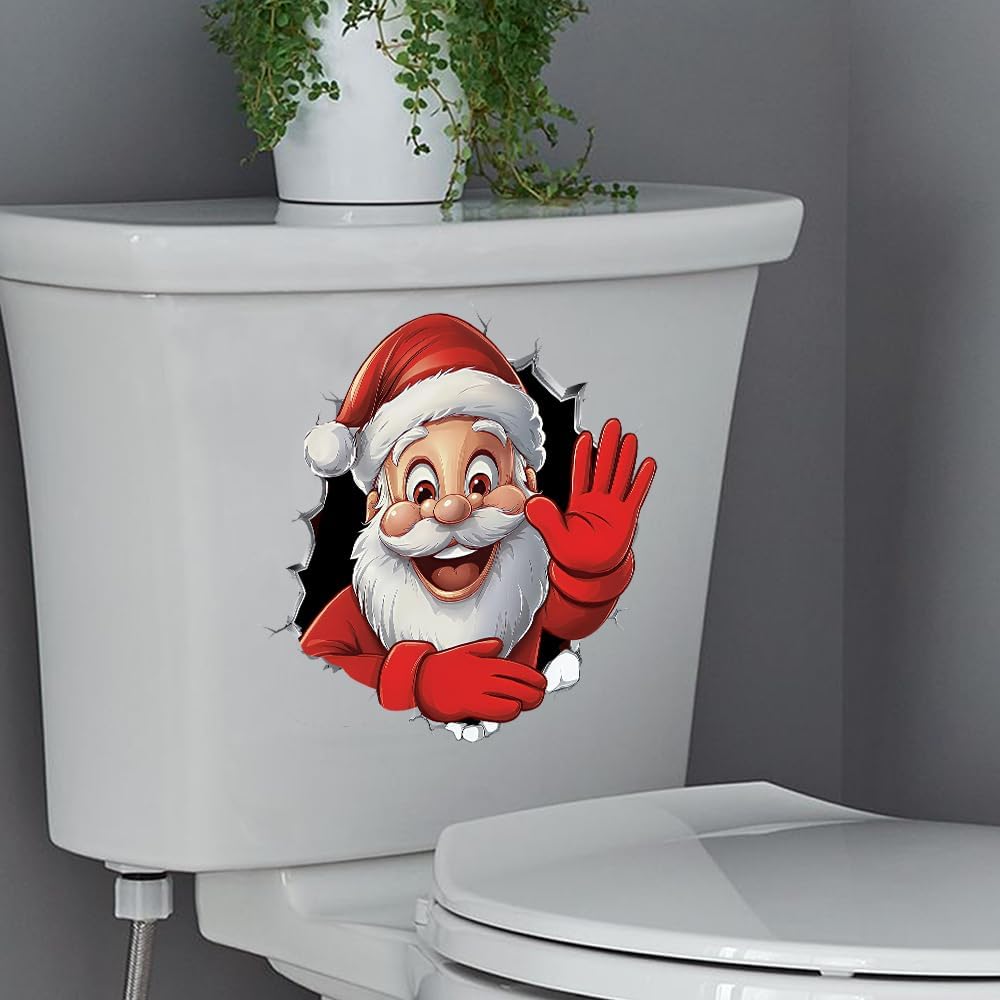 Christmas Santa Claus Toilet Cover Sticker, Removable Christmas Elf Reindeer Crack Toilet Lid Sticker, Xmas Wc Bathroom Wall Door Stickers (Smile Santa Claus) image 5
