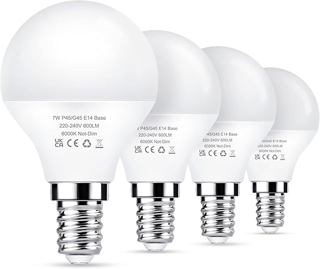 Flaspar E14 LED Light Bulb, G45 Golf Ball Bulbs 60W Equivalent, 7W Small Edison Light Bulbs, 600LM 6000K Daylight White, Non-Dimmable, 4 Pack