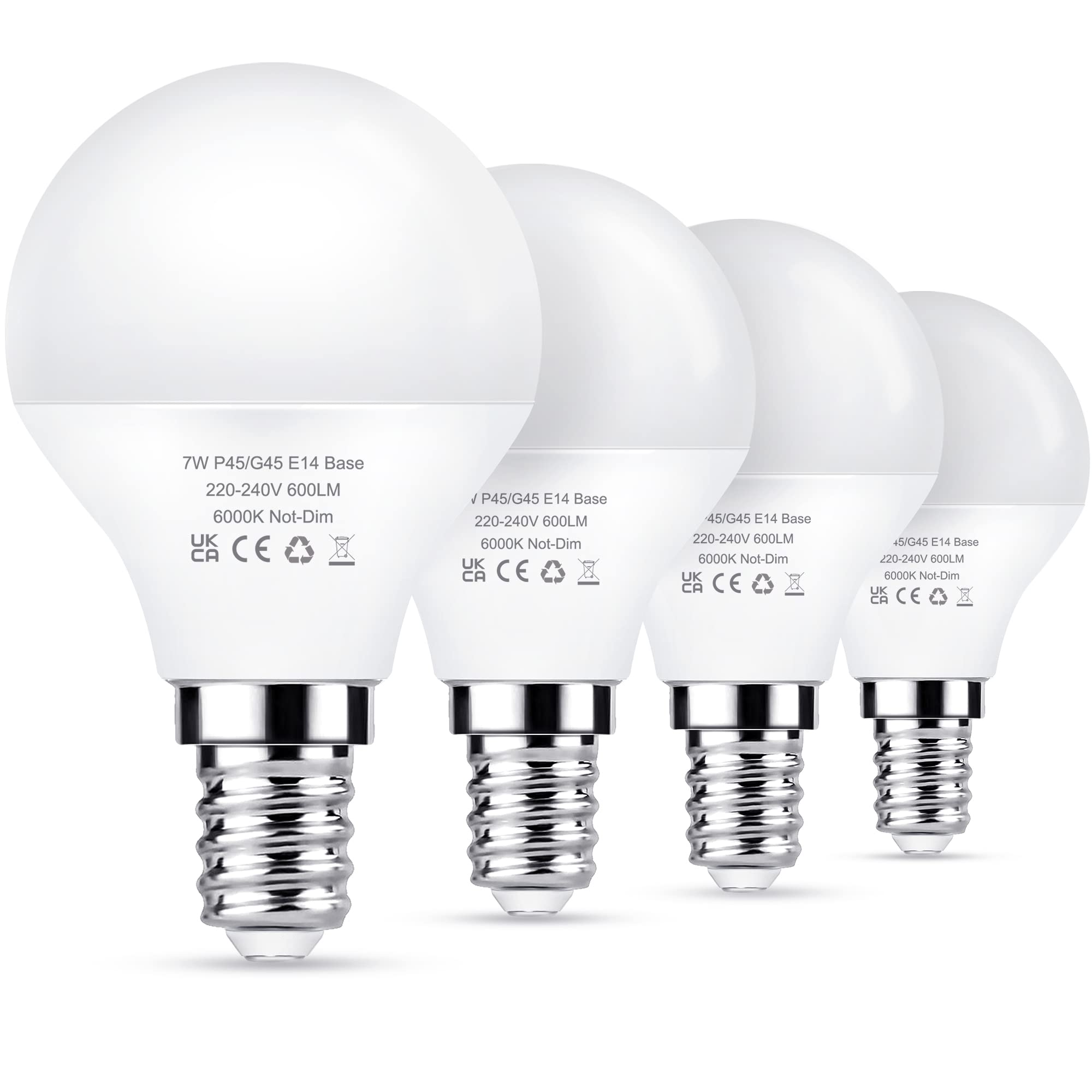 Flaspar 6000K-4Pack E14 Led Light Bulb, G45 Golf Ball Bulbs 60W Equivalent, 7W Small Edison Light Bulbs, 600Lm 6000K Daylight White, Non-Dimmable, 4 Pack