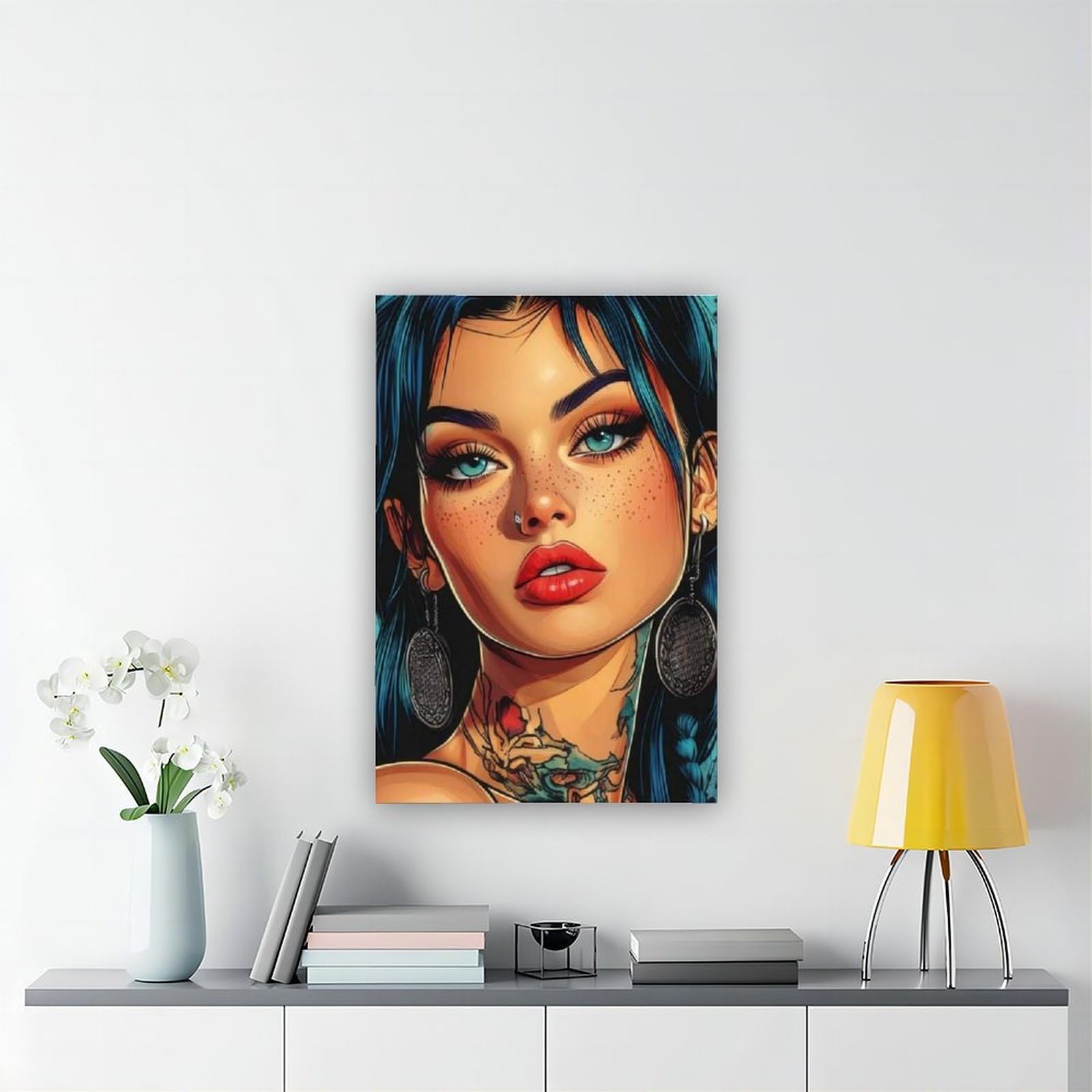 WJWART Poster Pop Art - Femme tatouée audacieuse de style bande dessinée - Décoration de chambre à coucher - Cadeau de décoration de chambre à coucher (60 x 90 cm)